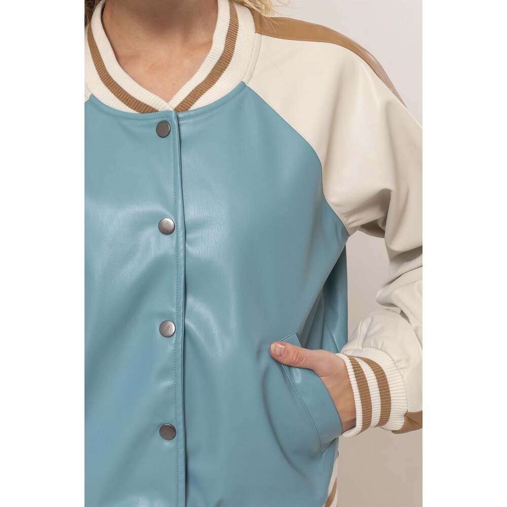 Blue Caramel Faux Leather Bomber Baseball Jacket